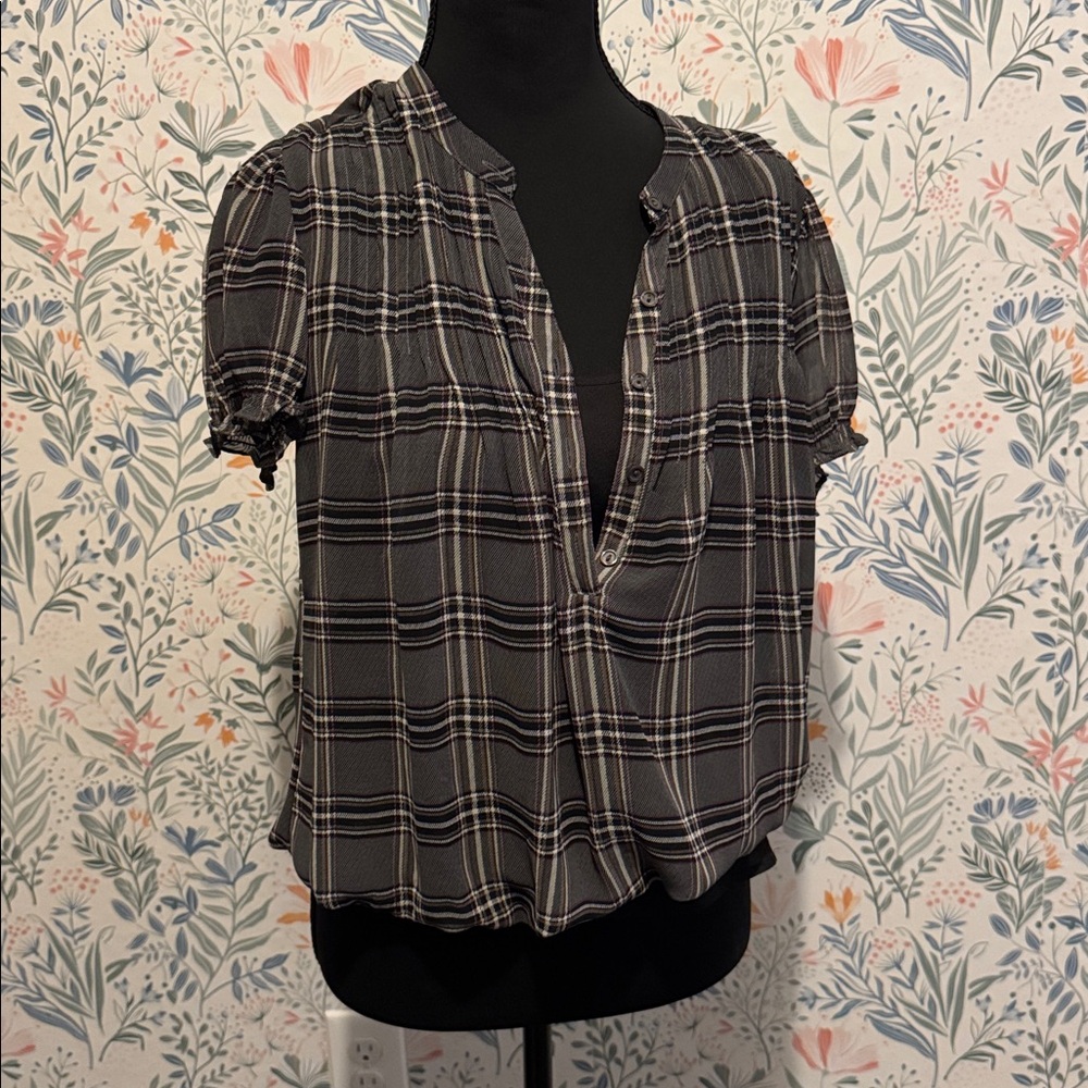 ANA Black and Gray Plaid Blouse
